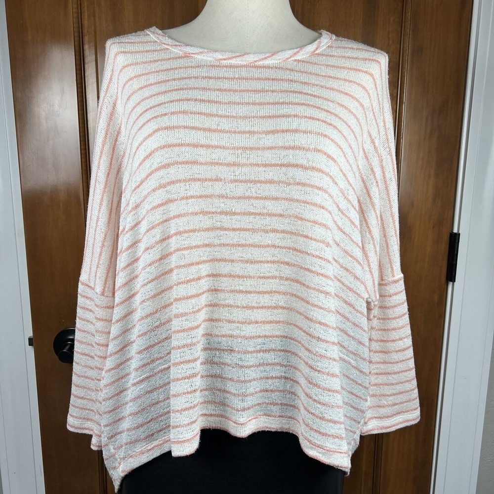 Its Our Time Sweater Pink Striped 3/4 Sleeve Button Back Womens XL Boho Knit